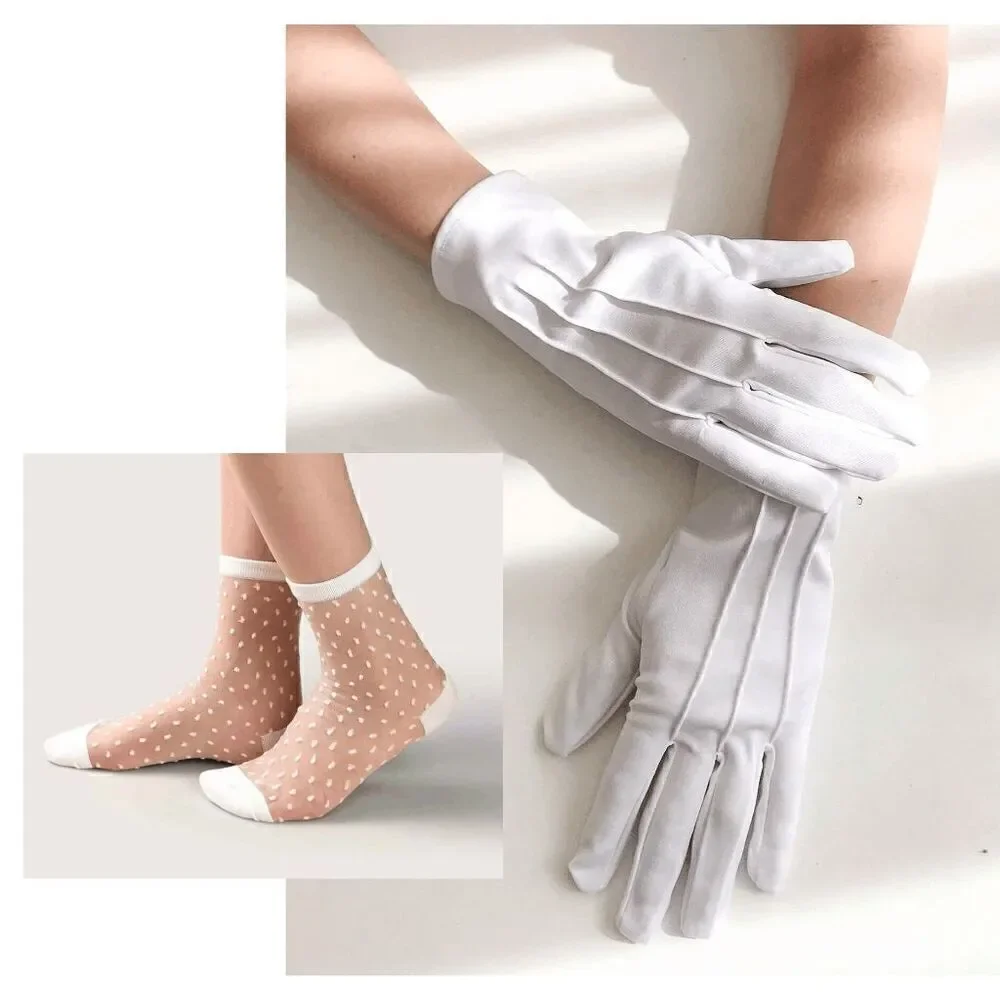 🤍 2PCS Pinup Retro Vintage Classy 1950s White Gloves Socks Accessories Set NEW